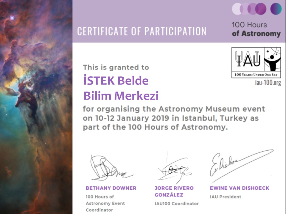IAU100 - 100 Saat Astronomi Etkinliği Teşekkür Belgesi